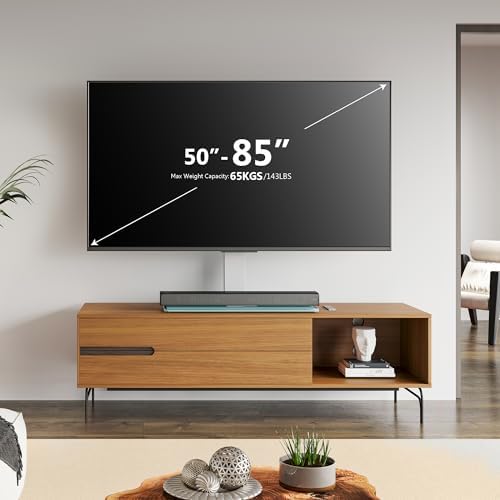 FITUEYES Universal TV Stand with Swivel Mount for 50-85 inch Flat Screens - Height Adjustable Tempered Glass Base Holds up to 143 lbs