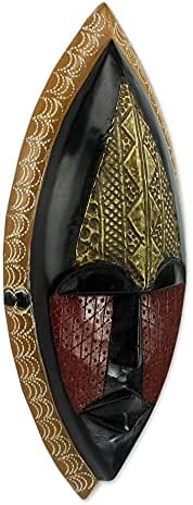NOVICA Black and Red Sese Wood African Wall Mask with Brass Accents, 'A Peace Blessing'