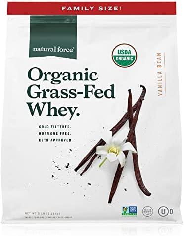 Natural Force Grass Fed Organic Whey Protein Powder – Non GMO Verified, Humane Certified & Lab Tested for Toxins – Real Vanilla Flavor – Keto Friendly, Low Carb, and Kosher - 16 Ounce A2 Protein