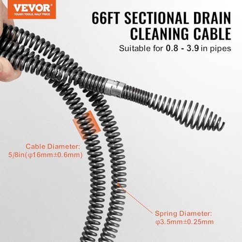 VEVOR Drain Cleaning Cable 100 FT x 5/8 Inch, Professional Sectional Drain Cleaner Cable with 7 Cutters for 0.8" to 3.9" Pipes for Hollow Core Sewer Cleaner Auger Sink, Toilet