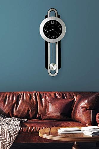 Howard Miller Gwyneth Wall Clock – Black Dial, Arabic Numerals, Quartz Movement, Silver Pendulum Bob, Brushed Nickel & Satin-Black Finish