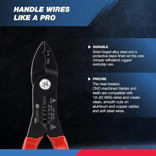 NEIKO 02037A Compact Wire Stripper | 4-in-1 Multi Purpose Electricians Pliers | Wire Crimper, Cutter and Gripper | 12-20 AWG Wire Service Tool | Crimps Insulated & Non-Insulated | Electrical Stripping