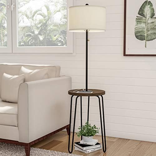 Lavish Home Floor Lamp with Built-In End Table, Brown/Black, 17” x 59” | Modern Side Table with USB Charging Port, LED Bulb, and Hairpin Legs
