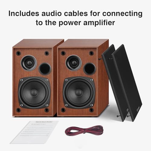 Elimavi Passive Bookshelf Speakers, Requires a Receiver or Amplifier, Brown | 2-Way Design with 4" Woofer & 1" Silk Horn Tweeter, 60Hz Bass, Rear Speakers for Home Theater Surround Sound, Cables included