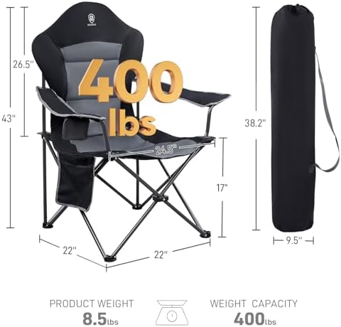 EVER ADVANCED High Back Folding Camping Chair Oversized and Fully Padded, Portable Quad Camp Lawn Chair Up to 400 lbs, with Cup Holder Armrest Carrying Bag