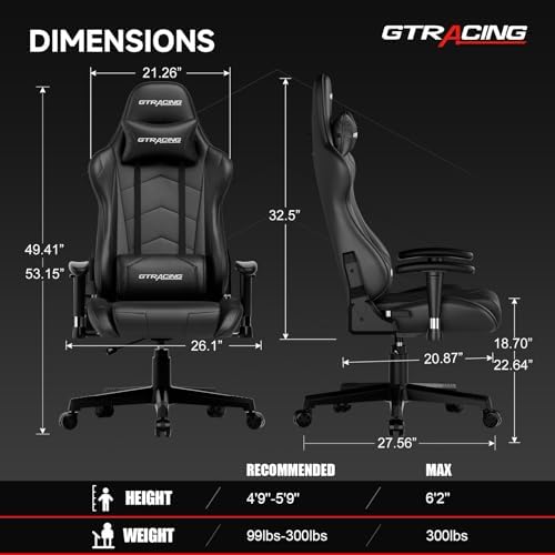 GTRACING Gaming Chair Racing Office Computer Ergonomic Video Game Chair Backrest and Seat Height Adjustable Swivel Recliner with Headrest and Lumbar