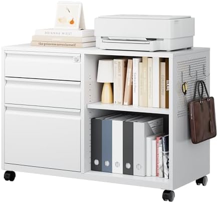 Mobile 3 Drawer File Cabinet with Lock-Metal Lateral Rolling Printer Stand Filing Cabinets for Home Office-Storage A4/F4/Letter (White)