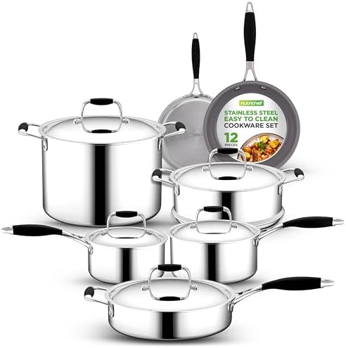 NutriChef Professional 12-Piece Nonstick Cookware - PFOA/PFOS-Free, Heat Resistant Lacquer, Elegant Design, Multi-Sized Pots and Pans, Teal/Gray/Green