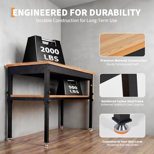 60" Work Bench with Storage Shelf, Adjustable Height Workbench, 60" x 24" Work Benches for Garage