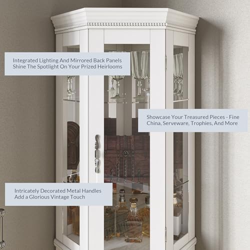 BELLEZE Lighted Wooden Corner Display Curio Cabinet, Two Section Shelving Unit with Tempered Glass Door