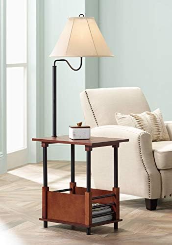 Regency Hill Marville 55" Tall Mission Style Floor Lamp with End Table | Rustic Farmhouse Wood Open Crate Swing Arm Adjustable Off White Empire