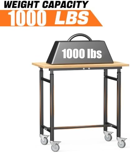 TORACK Adjustable Workbench with Rubberwood Top, Rolling 32x18 in Worktable | Height adjustable 28"–38", heavy-duty garage workbench with Wheels, up to 1000 lbs