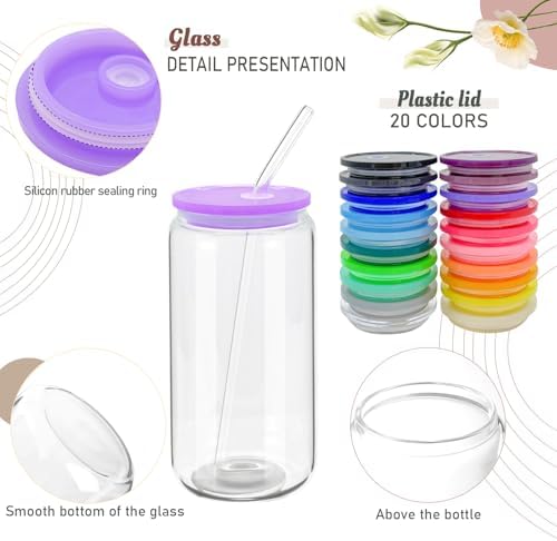 WHEATHUSK 20 Pack Glass Cups with Acrylic Lids and Glass Straws 16oz Iced Coffee Cups Clear Glass Tumbler Can Shaped Drinking Glasses