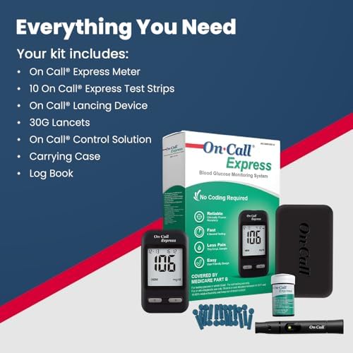 On Call Express Diabetes Testing Kit- Blood Glucose Meter, 10 Blood Test Strips, 1 Lancing Device, 30g Lancets, Control Solution, Carrying Case