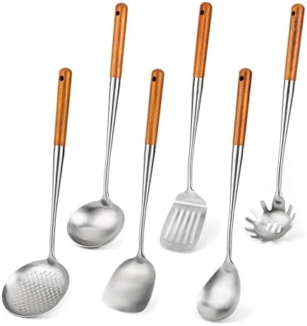 FJNATINH Wok Spatula and Ladle,Skimmer Ladle Tool Set, 17inches Spatula for Wok, 304 Stainless Steel Cooking Utensils