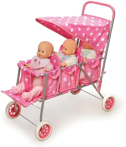 Badger Basket Triple Doll Stroller with Canopy, Foldable Toy Pram - Pink | Triple-seat stroller fits 14.5–18" dolls, foldable, canopy, seat belts