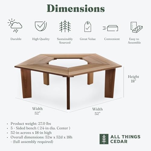 All Things Cedar 52 Inch Wood Tree Bench, 5 Sided Wrap Around Outdoor Seating, Natural