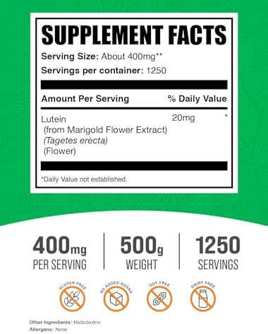 BulkSupplements.com Lutein Powder - from Marigold Flower Extract, Eye Supplement, Lutein 20mg - Antioxidant Source, Gluten Free, 400mg per Serving, 250g (8.8 oz) (Pack of 1)