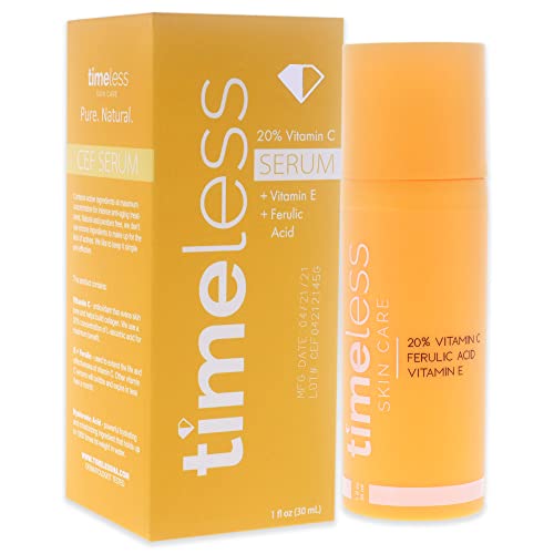 Timeless Skin Care Vitamin C Serum with Vitamin E & Ferulic Acid - Brightening Serum - for Oily & Dry Skin - Fragrance-Free - 1 oz | Vitamin C Serum for Even Skin Tone and Collagen Support, Antioxidant-Rich Advanced Skincare Formula, Lightweight