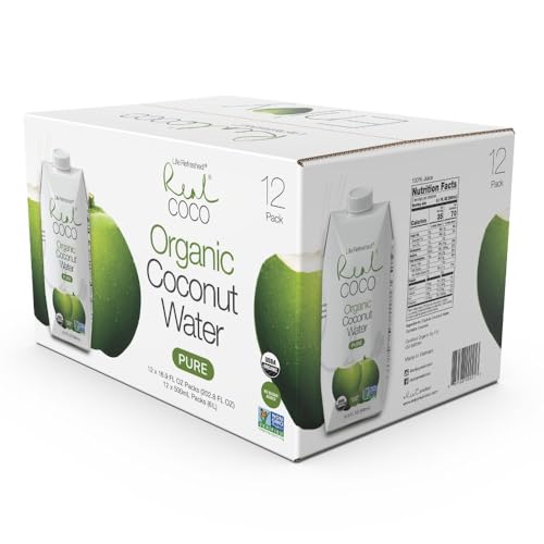 Real Coco Organic Pure Coconut Water (6-Pack 1L), USDA Organic, No Added Sugar, Plant Based, Packed with Electrolytes, Vegan