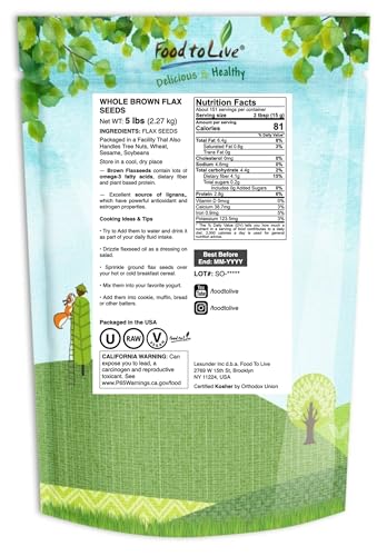 Food to Live - Brown Flax Seeds, 5 Pounds Raw Whole Flaxseed, Kosher, Vegan, Bulk. High Dietary Fiber Food. Rich in Omega-3 Fats. Great for Salads, Baked Goods, Smoothies, Oatmeal, and Yogurt.