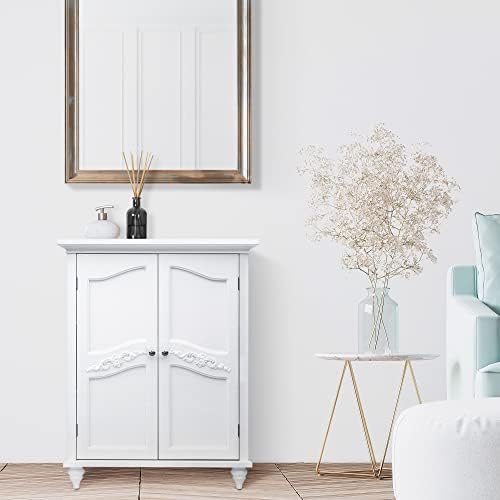 Teamson Home Versailles Wooden Freestanding Floor Storage Cabinet with 2 Adjustable Interior Shelves 3 Storage Spaces and 2 Floral Scroll Doors, White