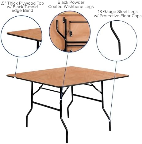 Flash Furniture 4 ft Wood Folding Square Banquet Table | Durable Construction, Commercial Use