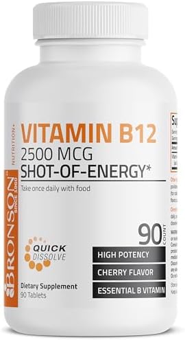 Vitamin B12 2500mcg Shot of Energy Fast Dissolve Chewable Tablets - Quick Release Cherry Flavored Sublingual B12 Vitamin - Supports Nervous System, Healthy Brain Function Energy Production – 90 Count