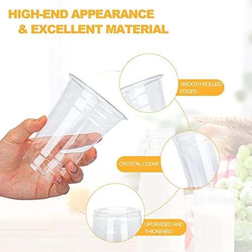 TashiBox Plastic Cups with Flat Lids 100 Sets 16 oz, Clear Crystal drink cups with lids