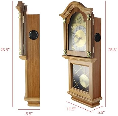 Bedford Clock Collection Classic Chiming Wall Clock with Swinging Pendulum, Golden Oak