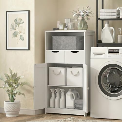 Vongrasig Bathroom Storage Cabinet, 42.5" H Freestanding Floor Cabinet | Wooden Modern Cabinet with 2 Drawers, Open Shelf and Adjustable Shelf for Bathroom, Laundry Room and Entryway, White