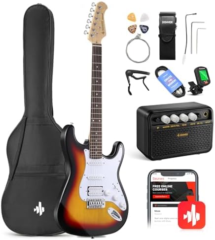 Donner 39-Inch Electric Guitar Starter Kit with Solid Body, HSS Pickup, Accessories, Amplifier, Lessons, and Digital Tuner - Red