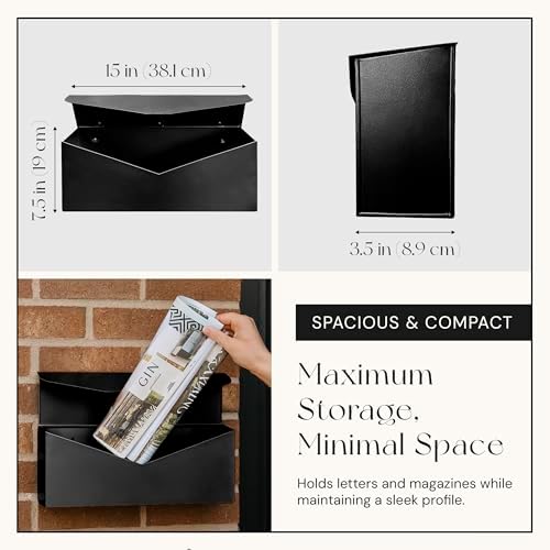 NACH Black Envelope Wall Mount Mailbox, Rust Resistant Metal Mailbox, Black Mailbox Wall Mount, Mailboxes for Outside Wall Mount, Outdoor Mailboxes, Wall Mailbox, 14.1 x 3.5 x 6 Inches, MB-6915BLK