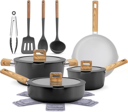 NutriChef Professional 12-Piece Nonstick Cookware - PFOA/PFOS-Free, Heat Resistant Lacquer, Elegant Design, Multi-Sized Pots and Pans, Teal/Gray/Green