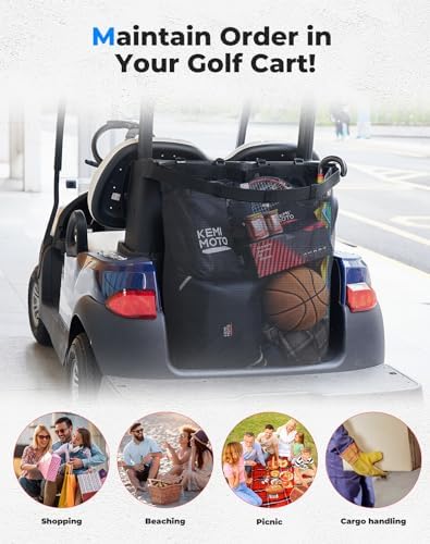 KEMIMOTO Mesh Shopping Storage Bag for 2-Passenger Golf Carts | Full Grocery Capacity, Shoulder Strap, Tool-Free Rear Mounting