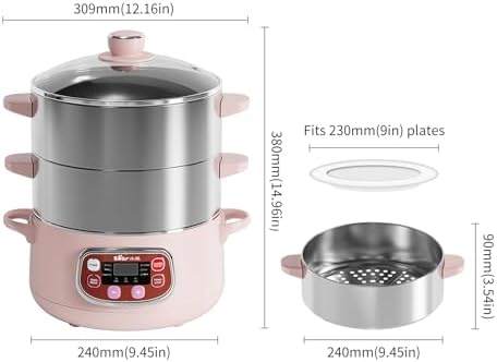 Bear Electric Multifunctional Food Steamer, One Touch Digital Steamer with Timer, Vegetable Steamer 2 Tiered Stackable Stainless Steel Baskets