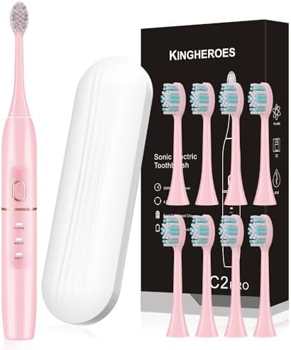 kingheroes Electric Toothbrush Set, Comes with 8 Brush Heads & Travel Case, 4 Modes with 2 Minutes Built in Smart Timer, One Charge for 60 Days