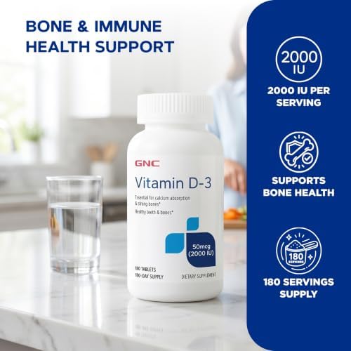 GNC Vitamin D3 50mcg Supplement, 2000 IU, Supports Teeth and Bone Health,180 Servings