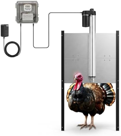 JVR Automatic Chicken Coop Door, Programmable Timer, Anti-Pinch, Aluminum | Heavy-duty aluminum door with industrial screw-rod actuator, anti-pinch sensor, and 11 x 12 in opening; timer schedule only