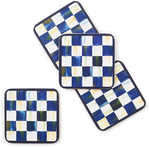 MACKENZIE-CHILDS Square Coasters Set, Black-and-White Courtly Check | Hand-painted design, made from MDF with a cork back, table coasters for drinks, 4" square, set of 4