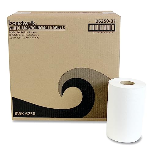 Boardwalk 6250 Hardwound Paper Towels, Nonperforated 1-Ply White, 350 ft (Case of 12 Rolls) | Made In The USA