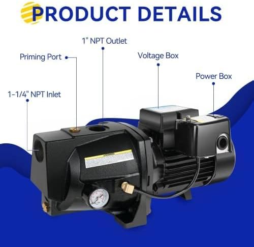 Shallow Well Jet Pump,Cast Iron, Well Depth Up to 25ft, 115V/230V Dual Voltage, Automatic Pressure Switch