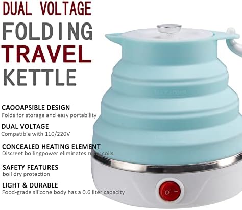 Travel Foldable Electric Kettle, Collapsible Electric Kettle Food Grade Silicone Small Pot Boiling water, Dual Voltage（600ml
