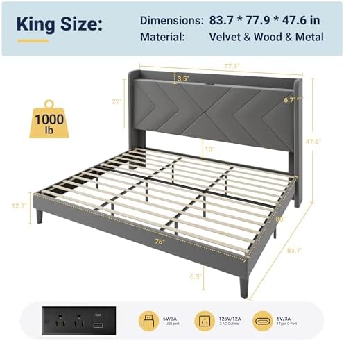 Allewie Full Size Platform Bed Frame with Charging Station and Storage Shelf/Upholstered Velvet Wingback Headboard/Wooden Slats Support/No Box Spring Needed/Easy Assembly, White