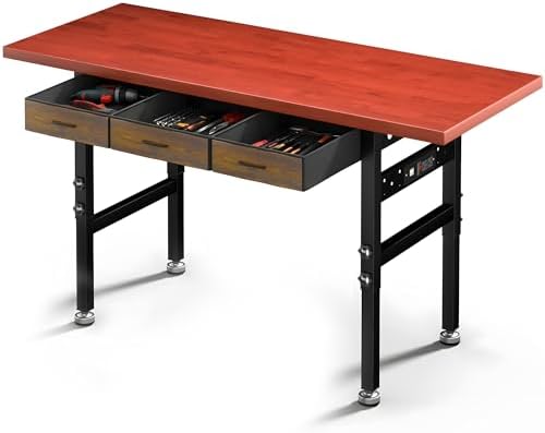 60in Adjustable Height Workbench Desk with Drawers,Power Outlets, Rubber Wood Top Heavy-Duty Work Table, 2000 LBS Load Capacity Work Station for Garage, Workshop, Office, Home