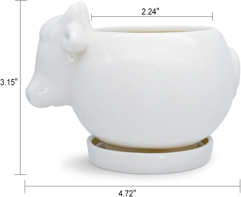 GeLive White Cow Succulent Pot, Small Ceramic Animal Planter with Drainage Hole & Saucer for Cactus, Mini Air Plants, Pencil Holder Brush Organizer, Indoor Home Office Desk Decor, Funny Gift