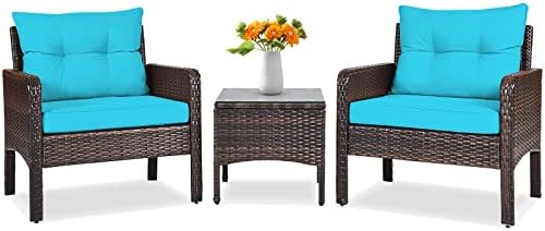 Tangkula 3 Piece Outdoor Patio Furniture Set, Wicker Chairs Set with Glass Top Coffee Table, Thick Cushions