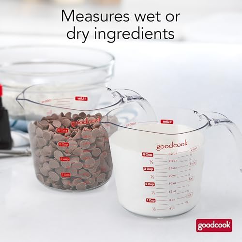 GoodCook Everyday 4-Cup Liquid Measuring Cup, Clear Plastic with Easy-to-Read Markings, Tapered Pour Spout, Comfortable Handle, Measures in Cups, Ounces, Pints, and Milliliters