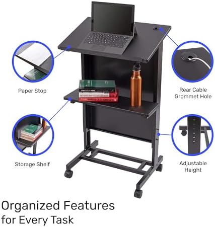 Stand Up Adjustable Height Lectern Podium | Rolling Desk with Storage Shelf | Ergonomic Standing Desk Frame for Office, Classroom, Laptop, Teaching, Presentations & More (Dark Walnut)