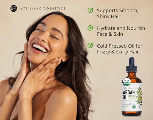 Kate Blanc Cosmetics Argan Oil for Hair, Face & Skin from Morocco (4oz, USDA Certified Organic, Cold Pressed & 100% Pure, Light) | USDA Certified Organic, Cold Pressed & 100% Pure, Light